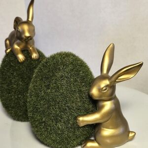 Gold Bunny Figurines with Green Moss Eggs